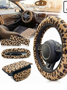 Leopard Print Plush Car Steering Wheel & Accessory Set - Tan/Black